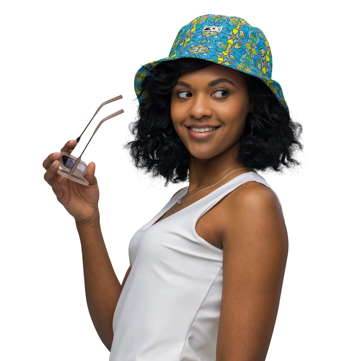 Exotic birds tropical pattern Reversible bucket hat. Lifestyle