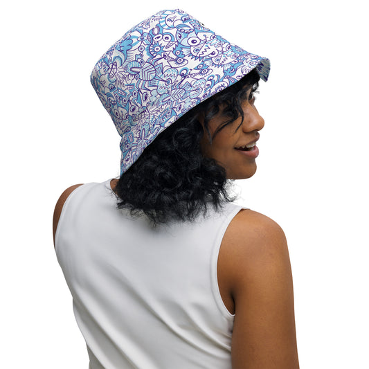 Whimsical Blue Doodle Critterscape pattern design Reversible bucket hat. Right outside view