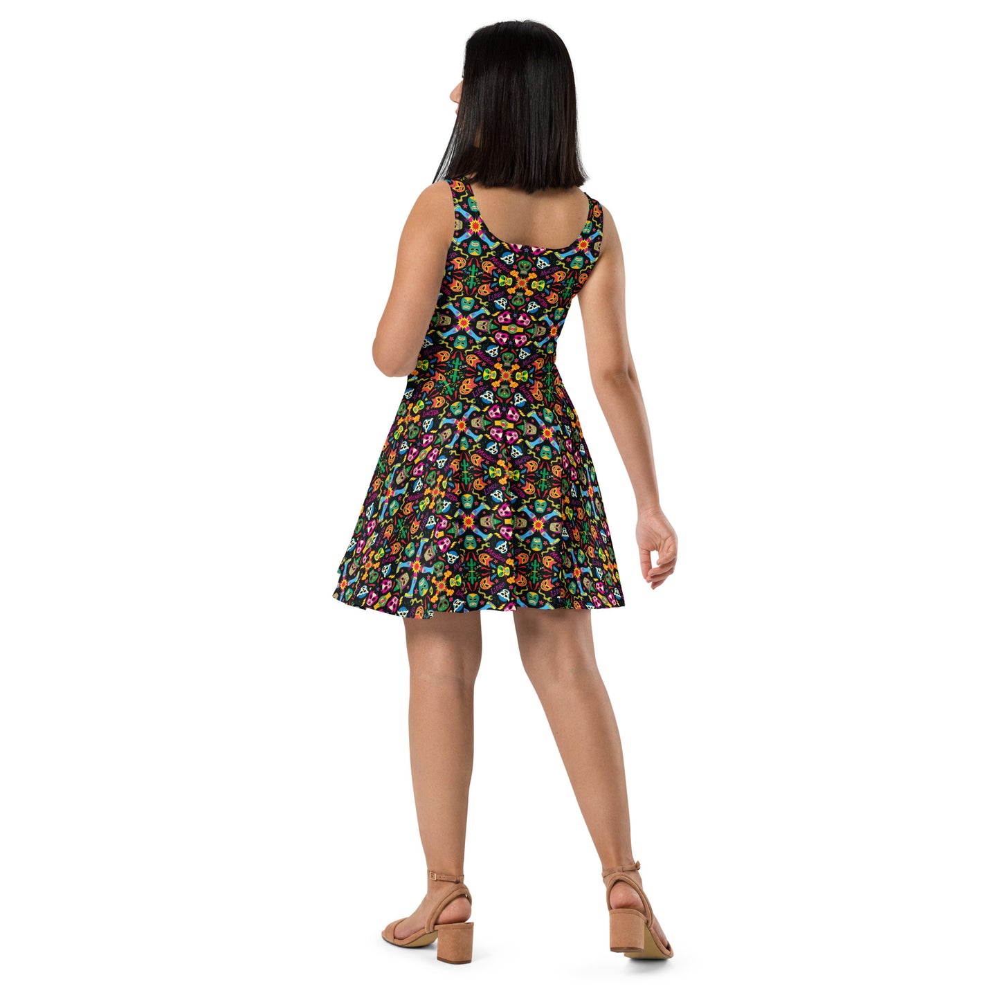 Mexican wrestling colorful party Skater Dress. Back view