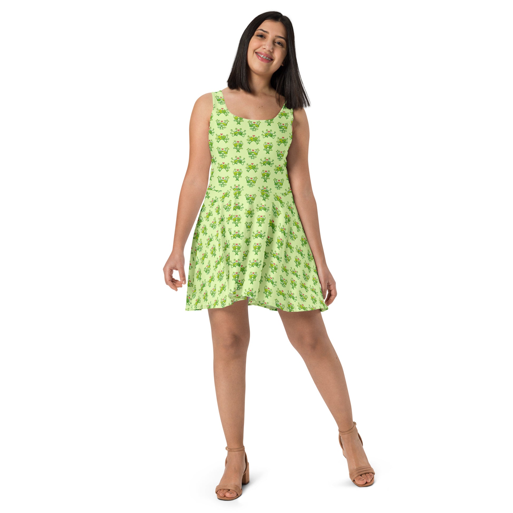 Green frogs are calling for love Skater Dress. Front view