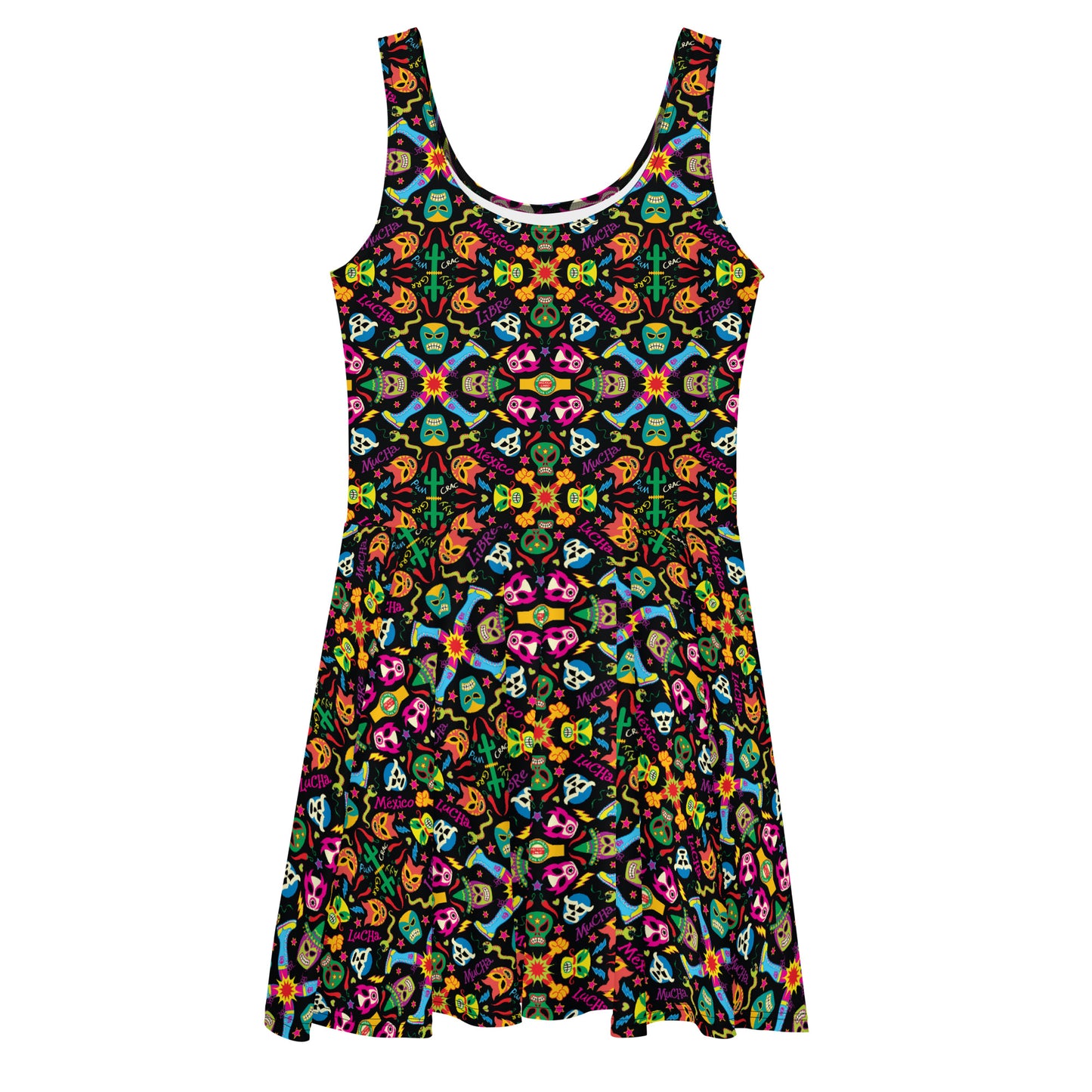 Mexican wrestling colorful party Skater Dress. Front view