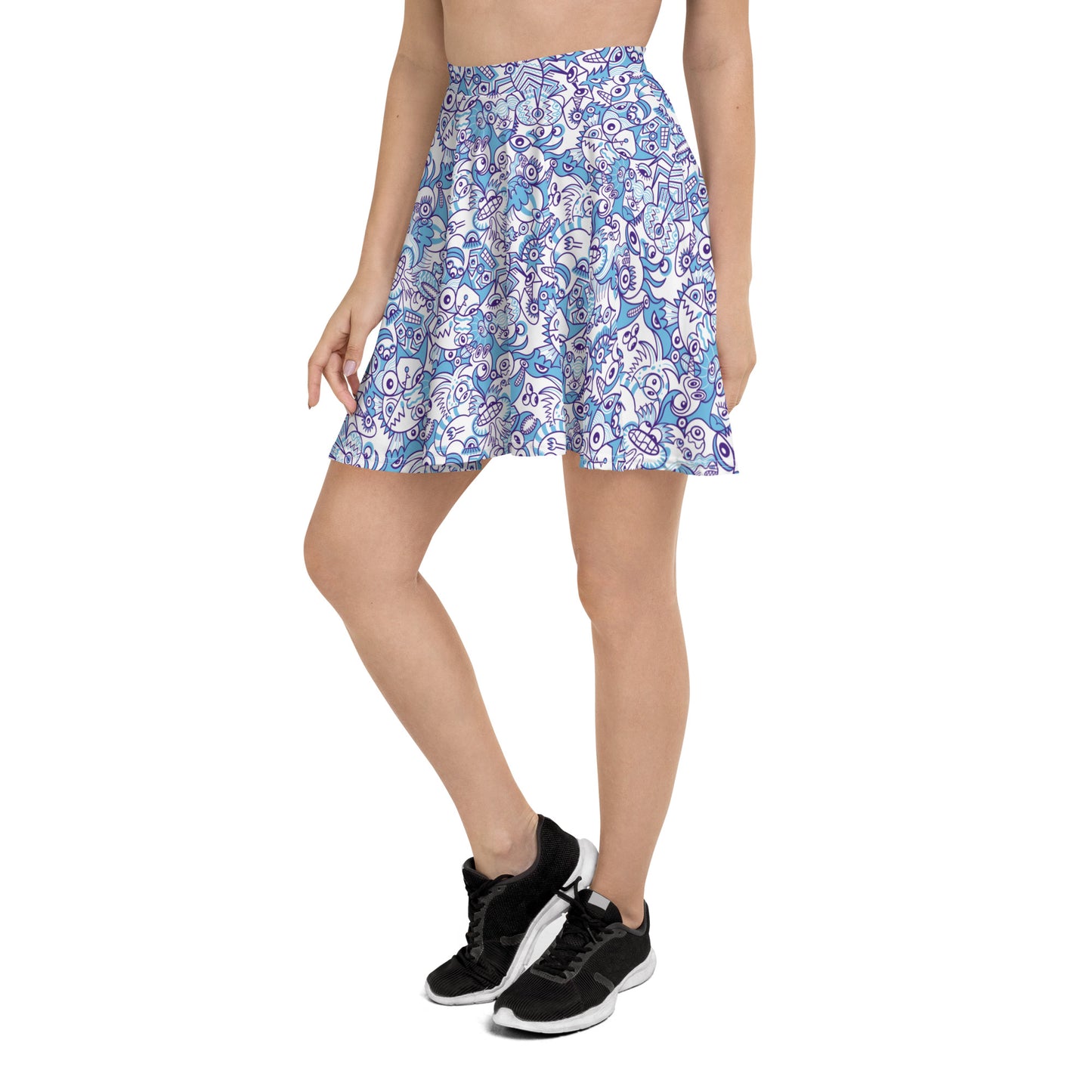 Whimsical Blue Doodle Critterscape pattern design Skater Skirt. Lifestyle
