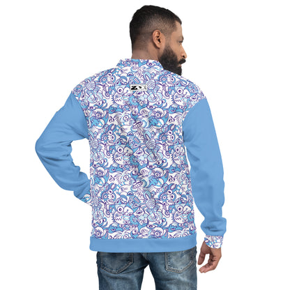 Whimsical Blue Doodle Critterscape pattern design - Unisex Bomber Jacket. Back view