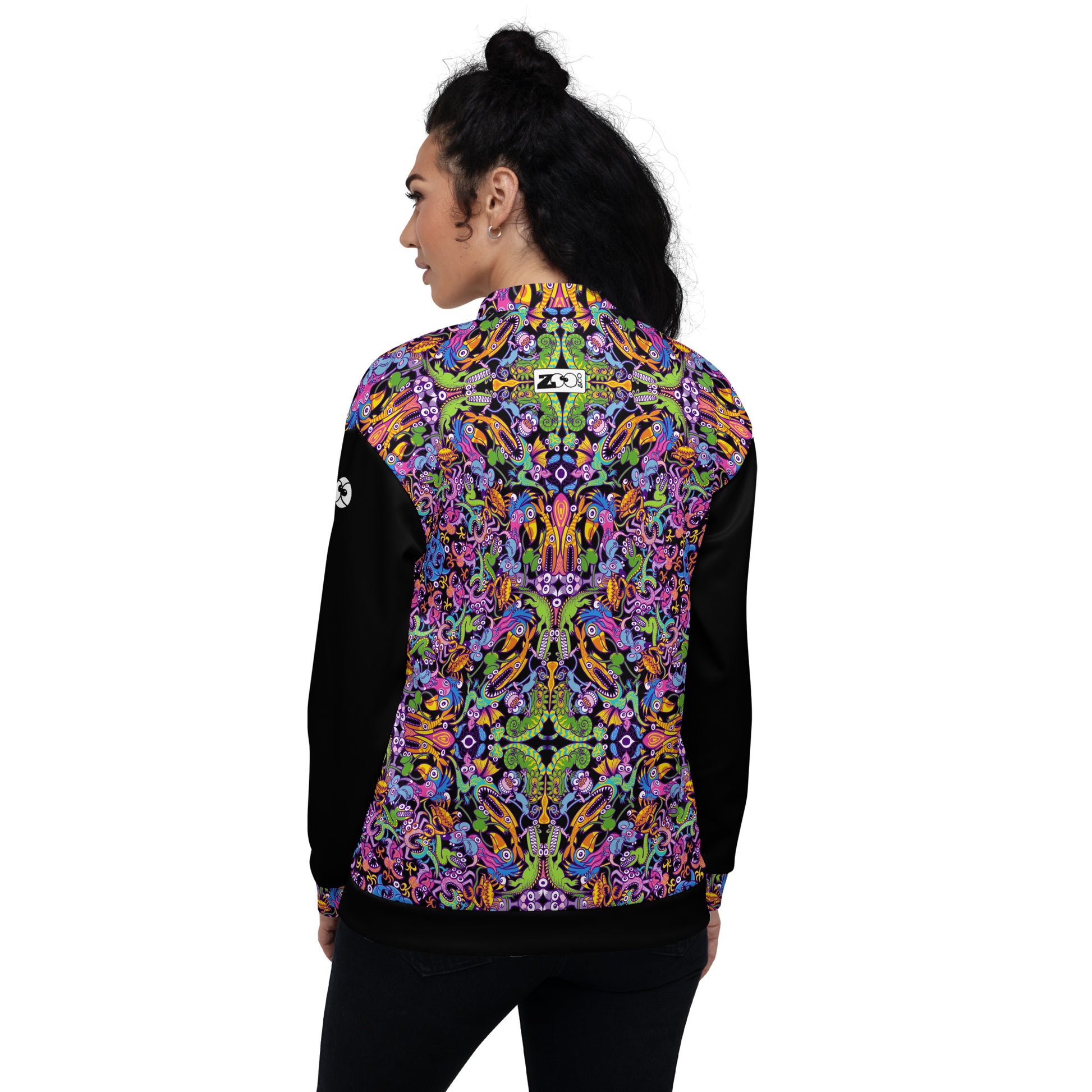 Eccentric critters in a lively festival - Unisex Bomber Jacket. Back view