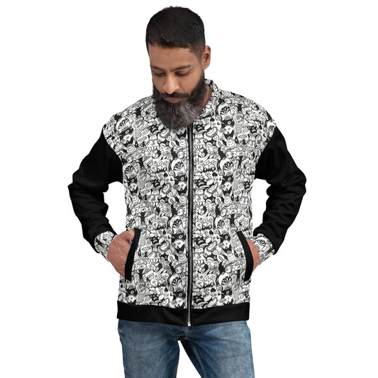 Black and white cool doodles art Unisex Bomber Jacket. Front view