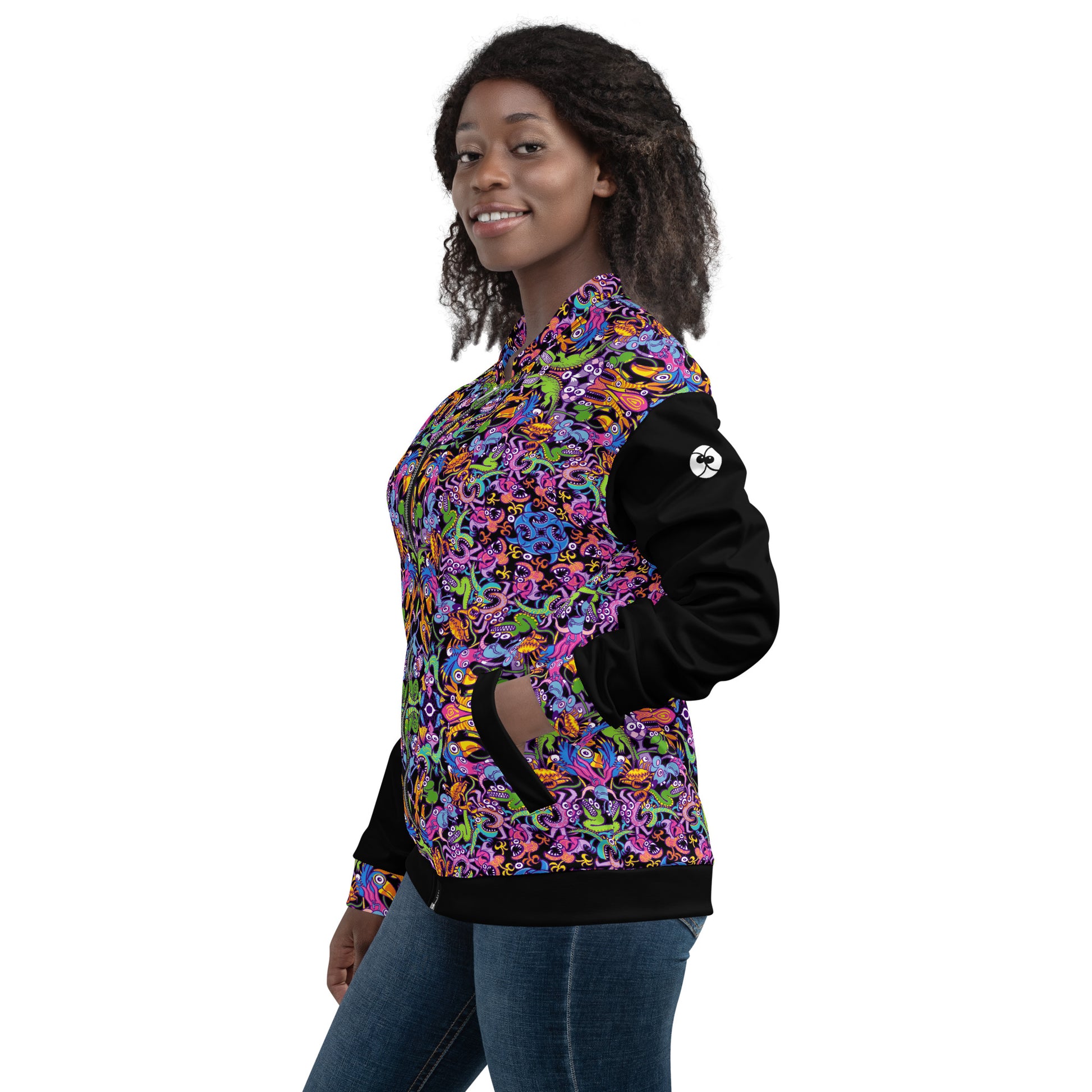 Eccentric critters in a lively festival - Unisex Bomber Jacket. Left side view