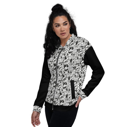 Black and white cool doodles art Unisex Bomber Jacket. Side view