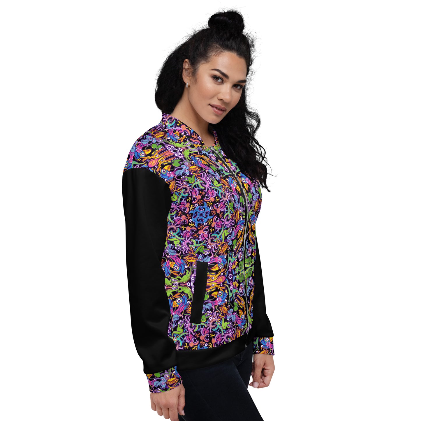 Eccentric critters in a lively festival - Unisex Bomber Jacket. Right side view