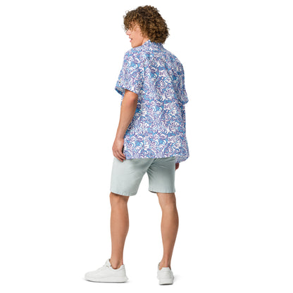 Whimsical Blue Doodle Critterscape pattern design Unisex button shirt. Back view