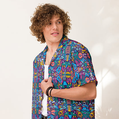 Whimsical design featuring multicolor critters from an alien world Unisex button shirt. Lifestyle
