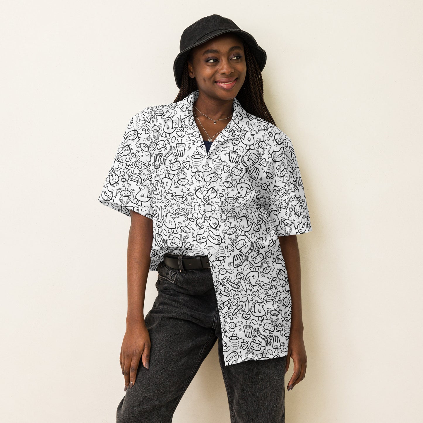 Cute doodles having great fun in a cool pattern - Unisex button shirt. Overview