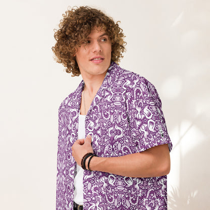 Purple Doodle Fantasy Button Shirt - Mesmerizing Unisex Style. Front view