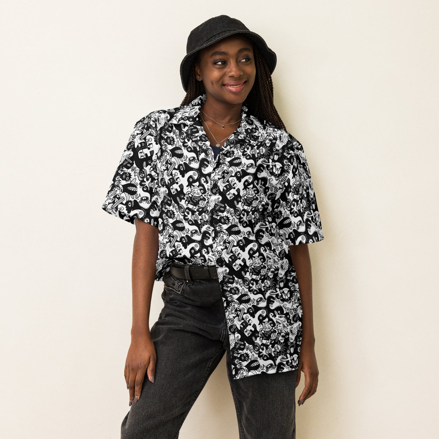 Black White Doodle Button Shirt - An epic All-over Print World. Front view