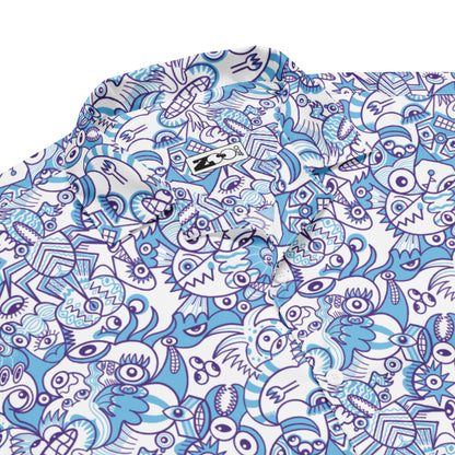 Whimsical Blue Doodle Critterscape pattern design Unisex button shirt. Product details