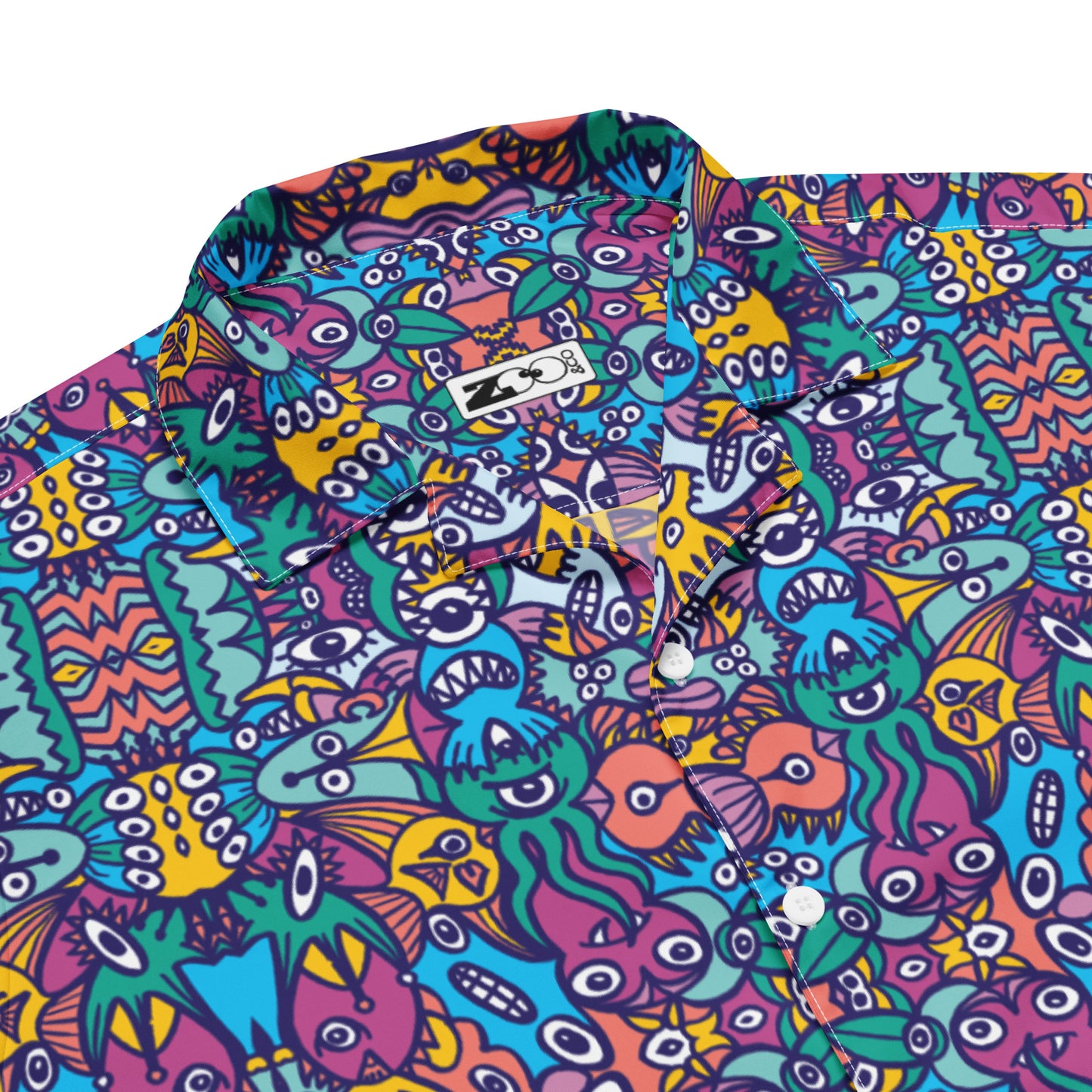 Whimsical design featuring multicolor critters from an alien world Unisex button shirt. Product details