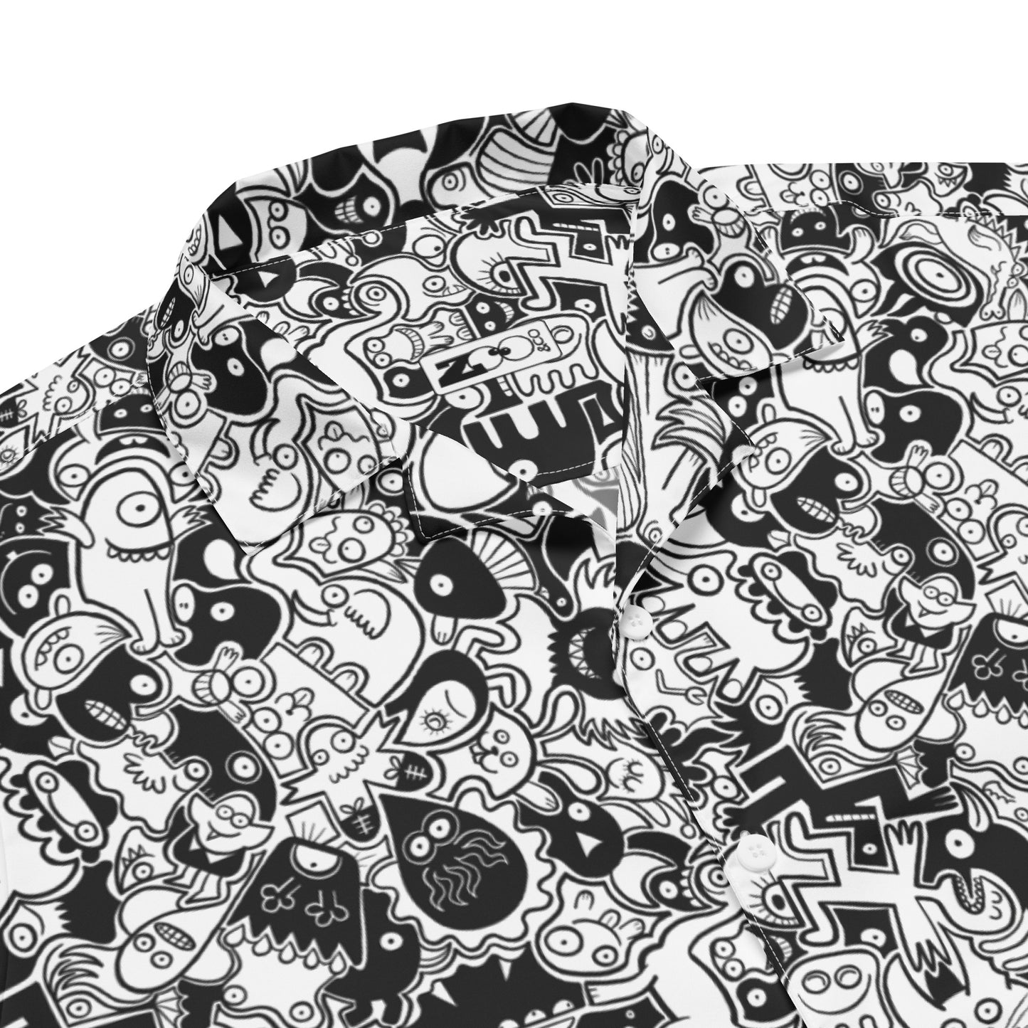 Joyful crowd of black and white doodle creatures Unisex button shirt. Product details