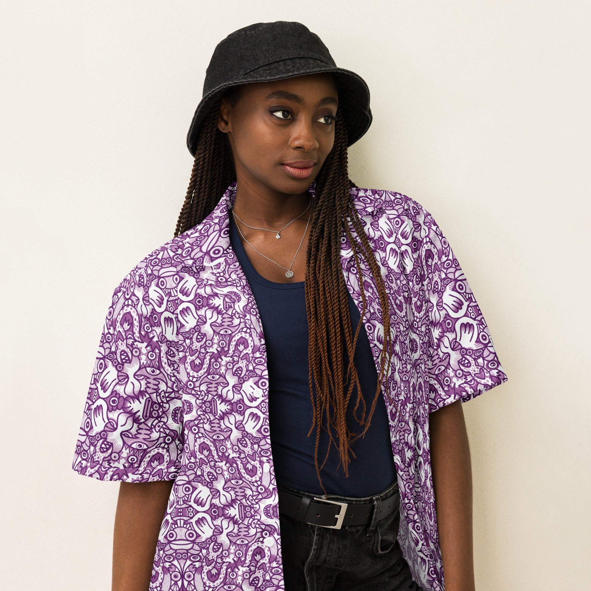 Purple Doodle Fantasy Button Shirt - Mesmerizing Unisex Style. Lifestyle