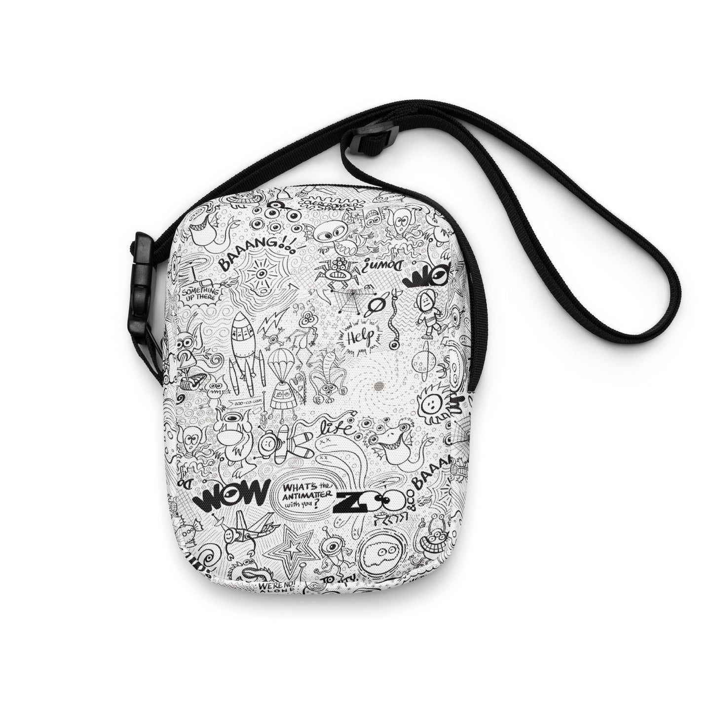 Celebrating the most comprehensive Doodle art of the universe - Utility crossbody bag. Front view