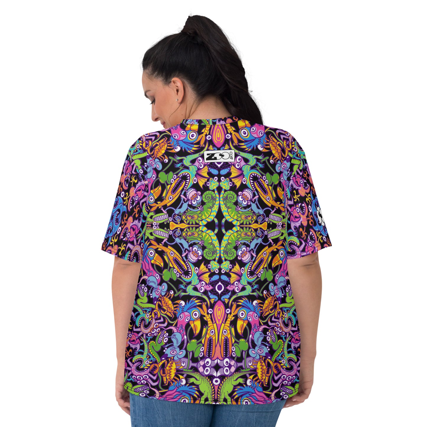 Eccentric critters in a lively crazy festival Women's T-shirt. Back view