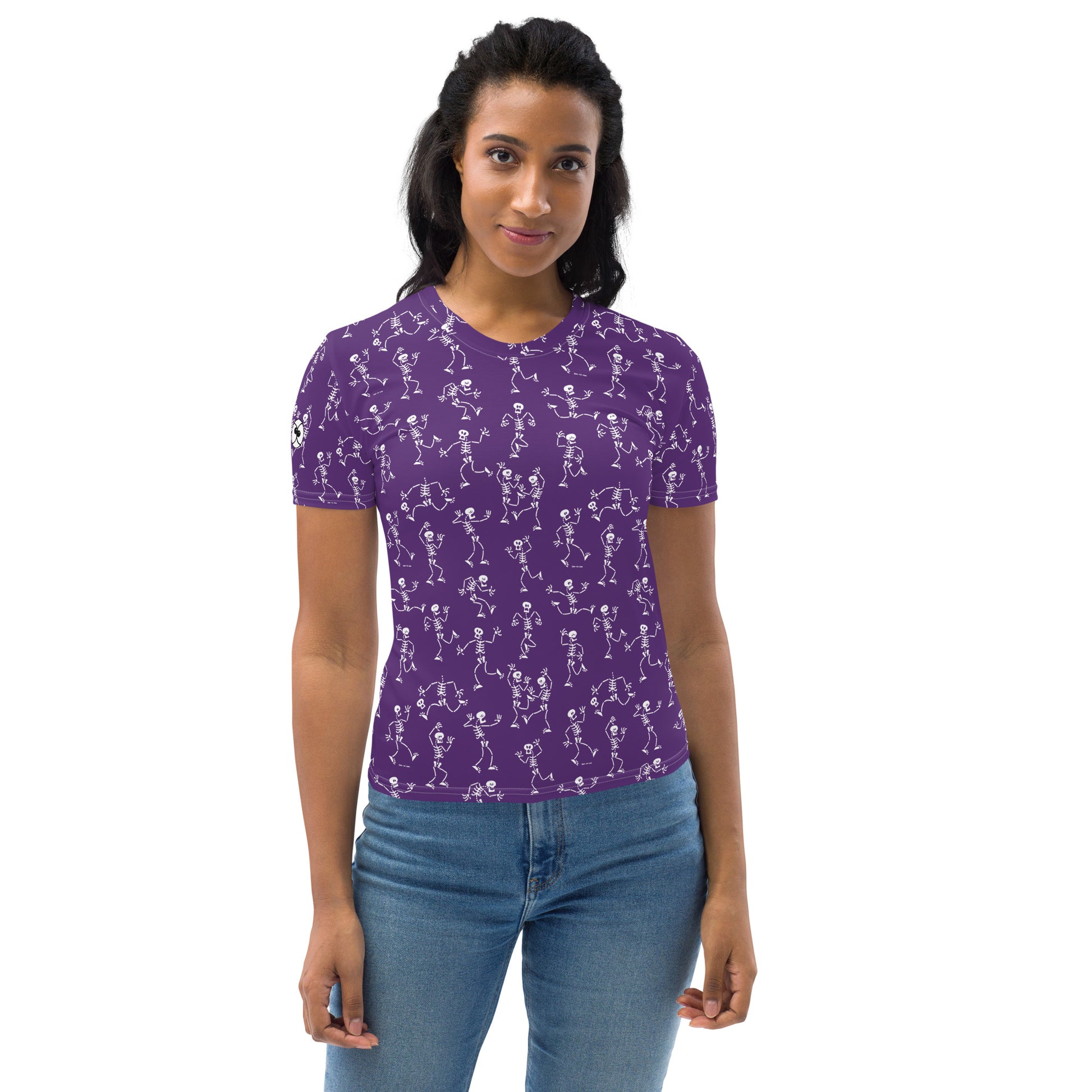 Fantastic skeletons having a great time at Halloween Women's T-shirt. Front view