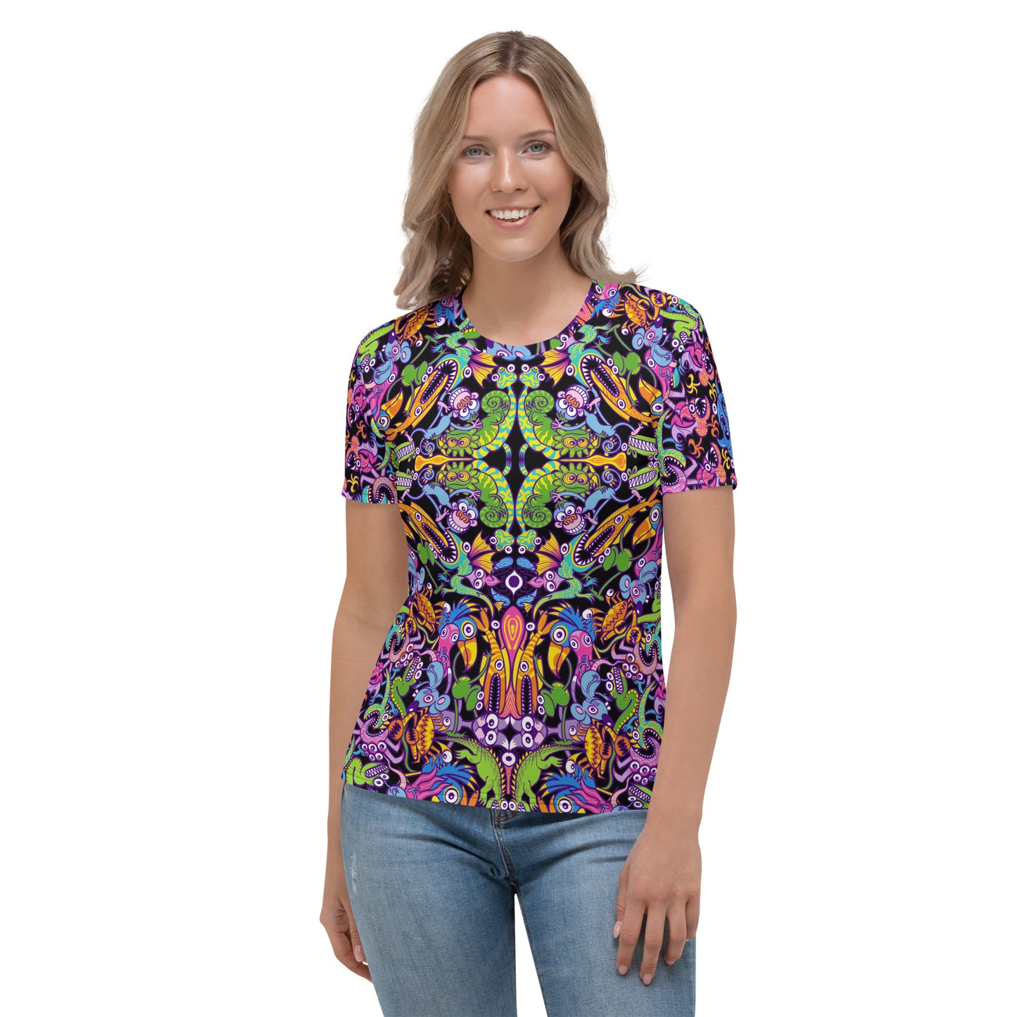 Eccentric critters in a lively crazy festival Women's T-shirt. Front view