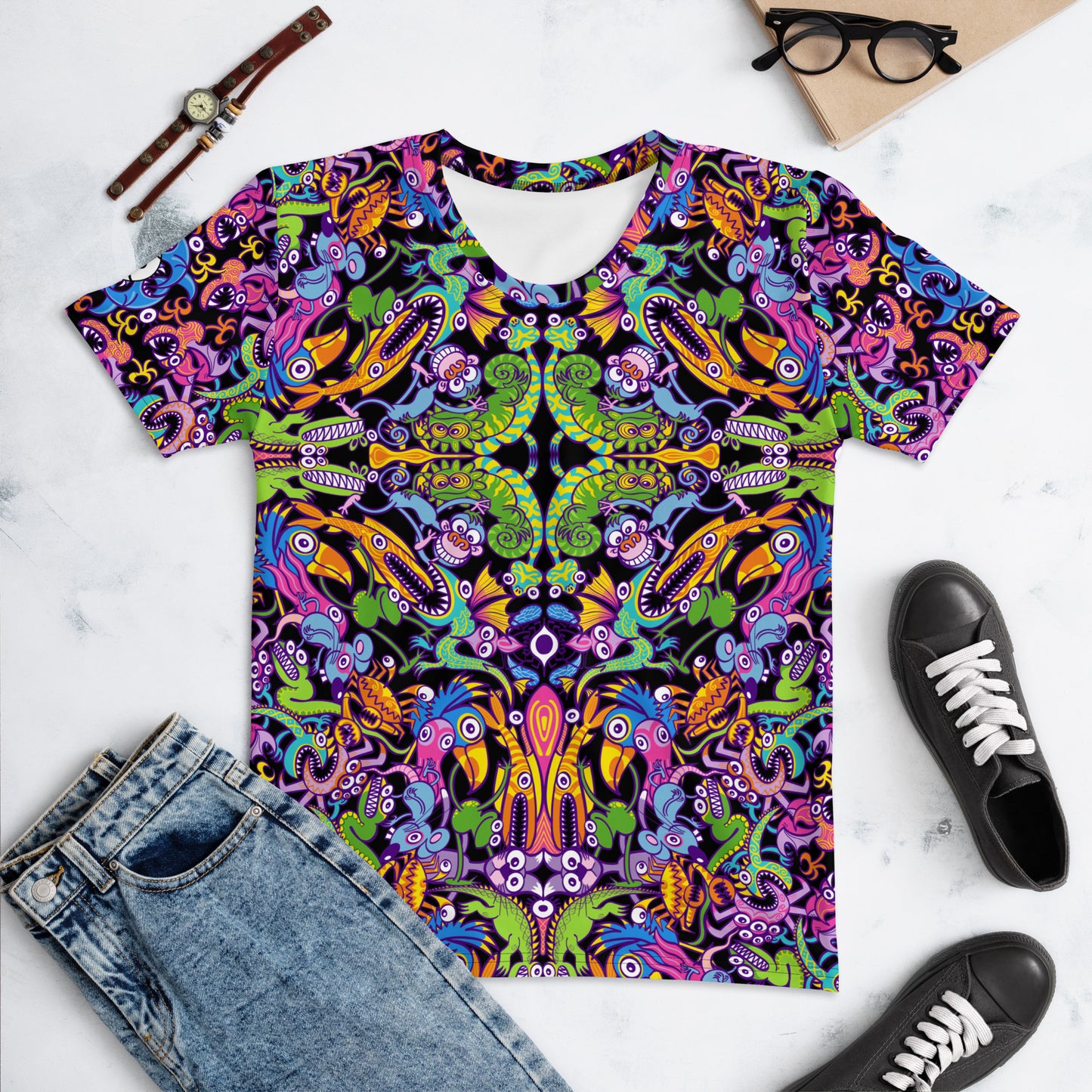 Eccentric critters in a lively crazy festival Women's T-shirt. Overview