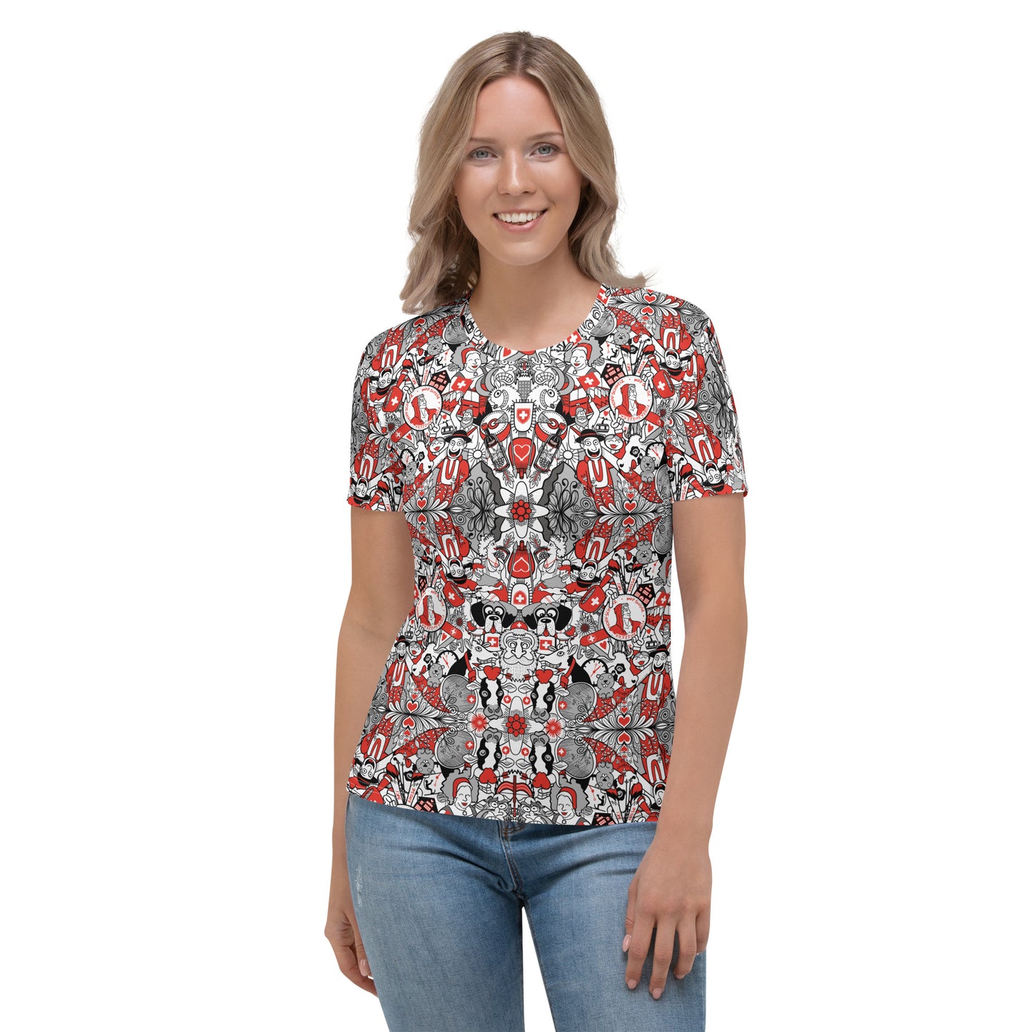 Swiss Doodle Women's T-Shirt: Vibrant Pattern Design. Front view