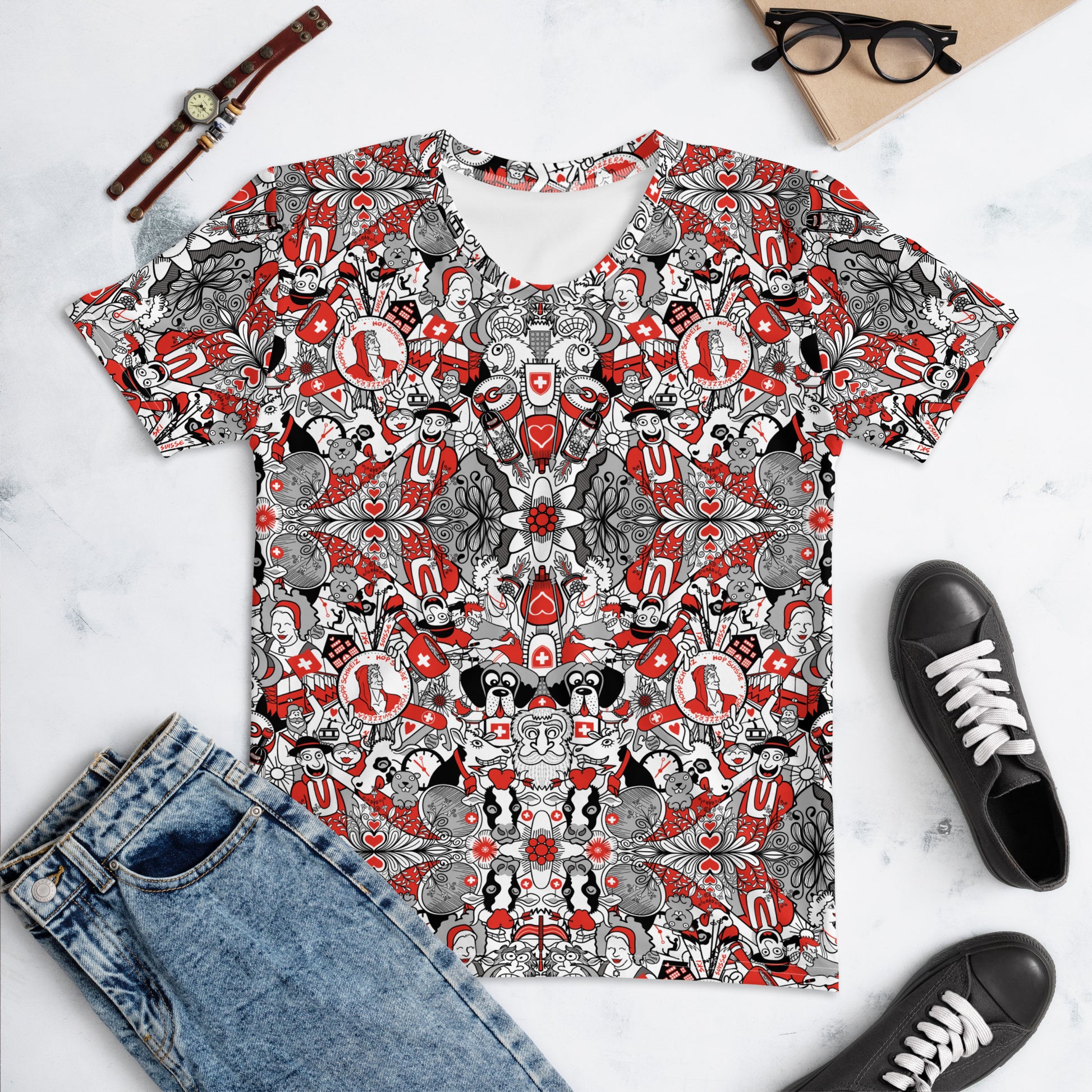 Swiss Doodle Women's T-Shirt: Vibrant Pattern Design. Flat lifestyle