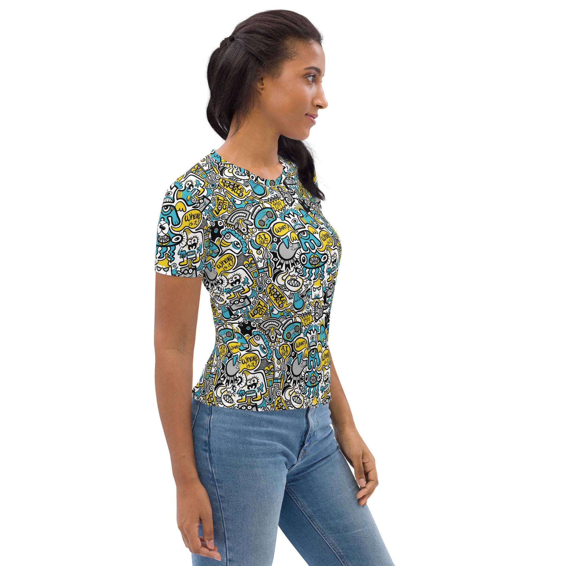 Discover a whole Doodle world in Lost city All-over print Women's T-shirt. Side view