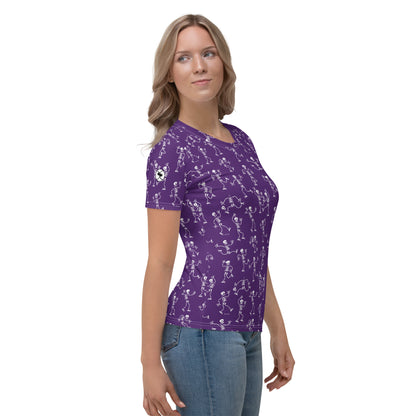 Fantastic skeletons having a great time at Halloween Women's T-shirt. Side view