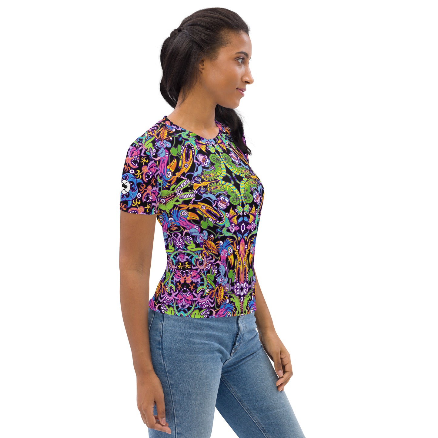 Eccentric critters in a lively crazy festival Women's T-shirt. Side view