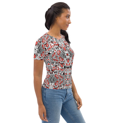 Swiss Doodle Women's T-Shirt: Vibrant Pattern Design. Side view