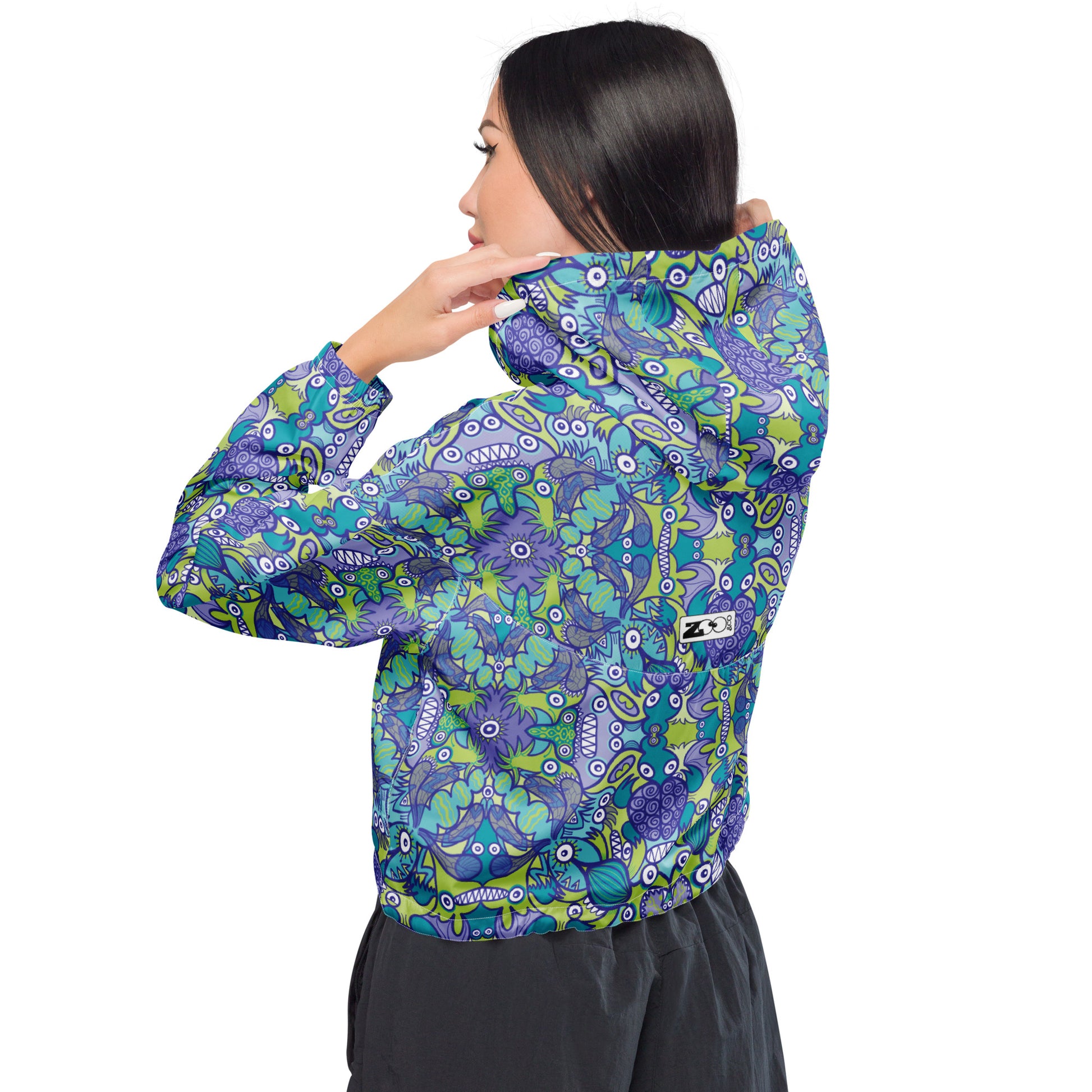 Once upon a time in an ocean full of life Women’s cropped windbreaker. Back overview