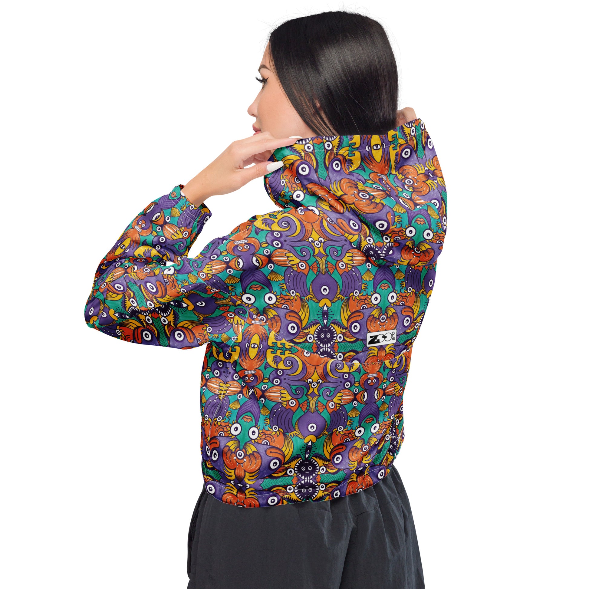 Dive into Whimsical Waters: An Undersea Odyssey - Women’s cropped windbreaker. Back view