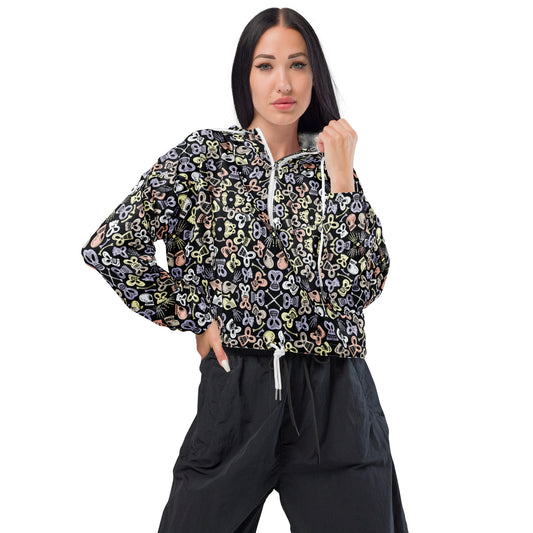 Bewitched Skulls: Hauntingly Chic Pattern Design Women’s cropped windbreaker. Front view