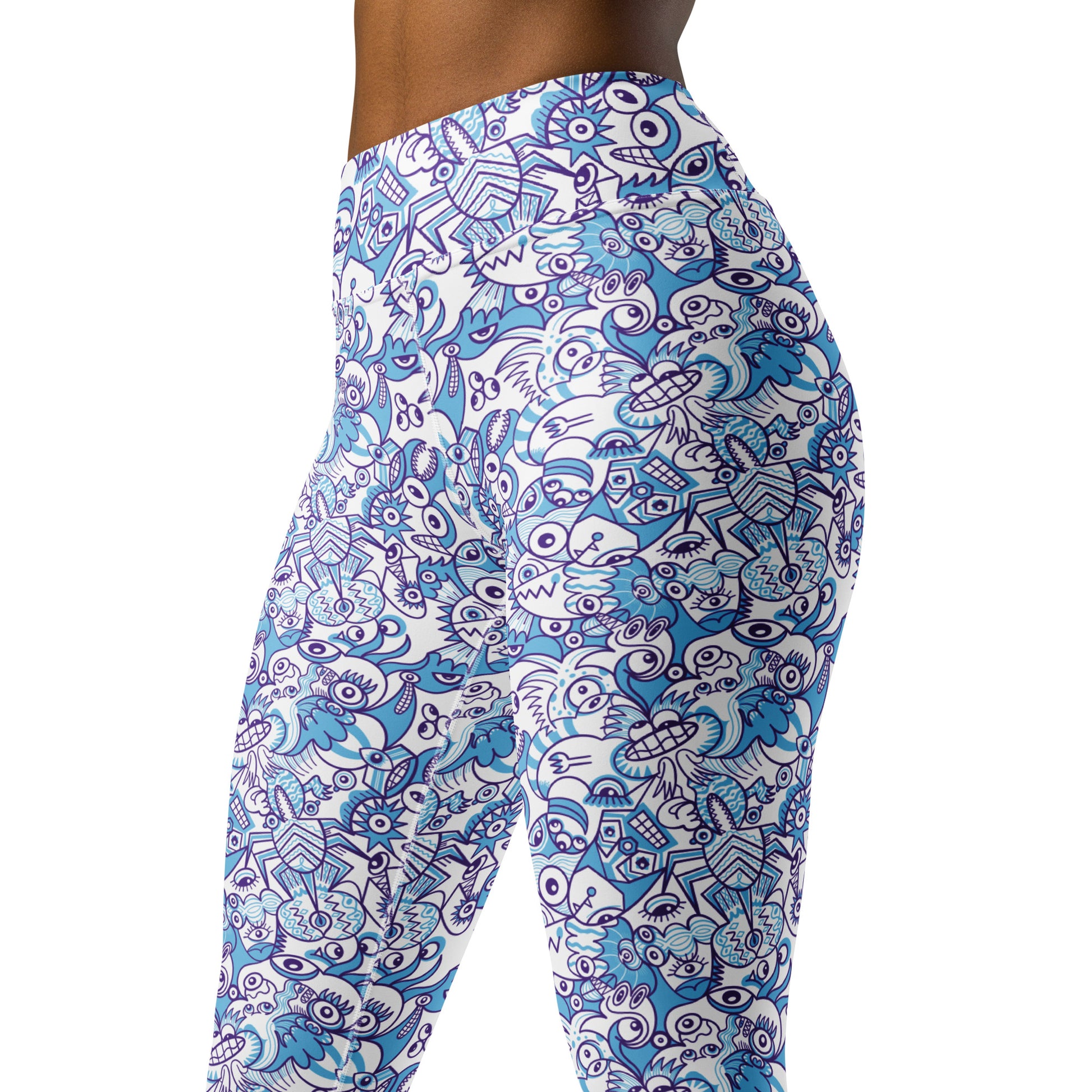 Whimsical Blue Doodle Critterscape pattern design - Yoga Leggings. Product details