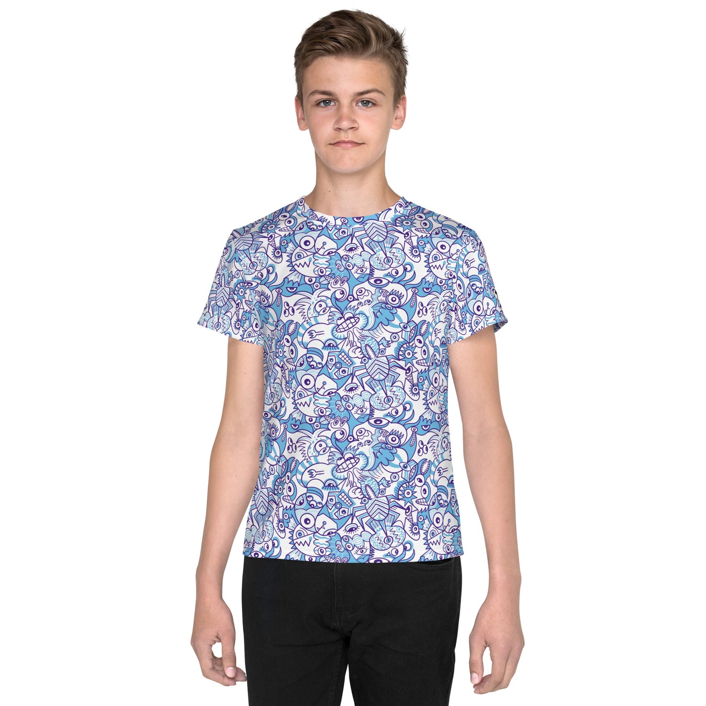 Whimsical Blue Doodle Critterscape pattern design - Youth crew neck t-shirt. Front view