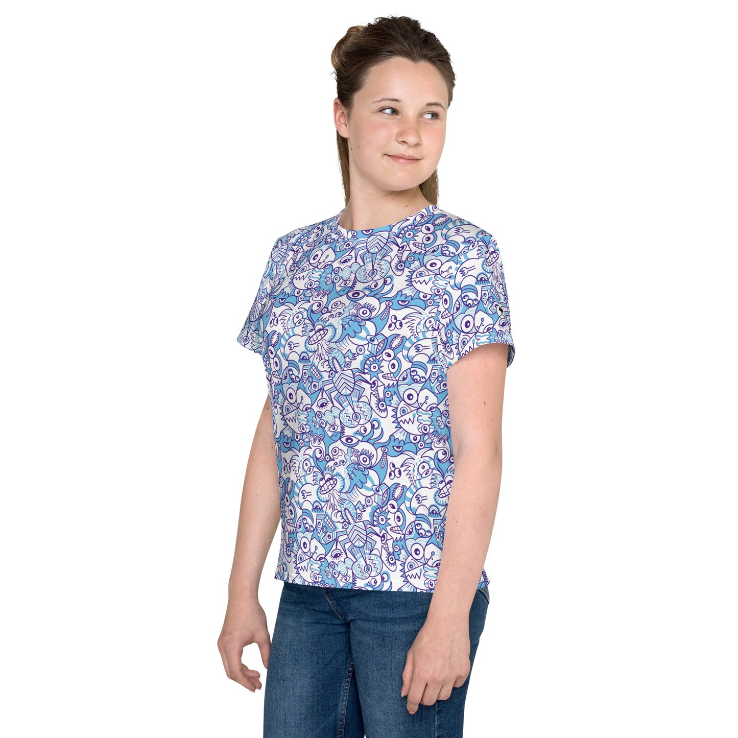 Whimsical Blue Doodle Critterscape pattern design - Youth crew neck t-shirt. Side view