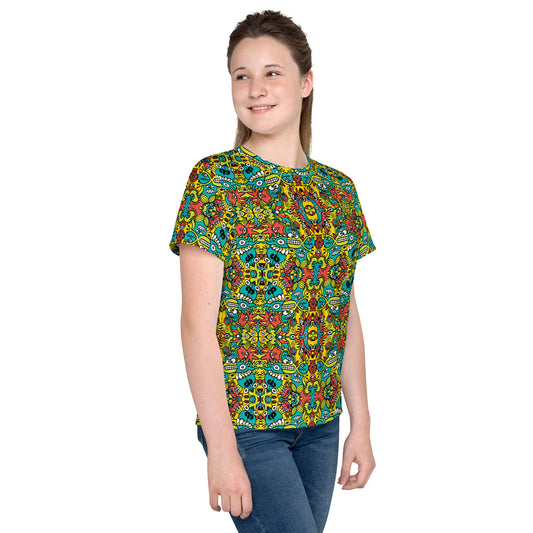 Doodle Dreamscape: Cosmic Critter Carnival - Youth crew neck t-shirt. Lifestyle