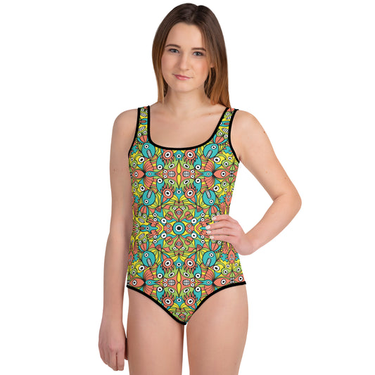 Alien monsters pattern design All-Over Print Youth Swimsuit. Front view