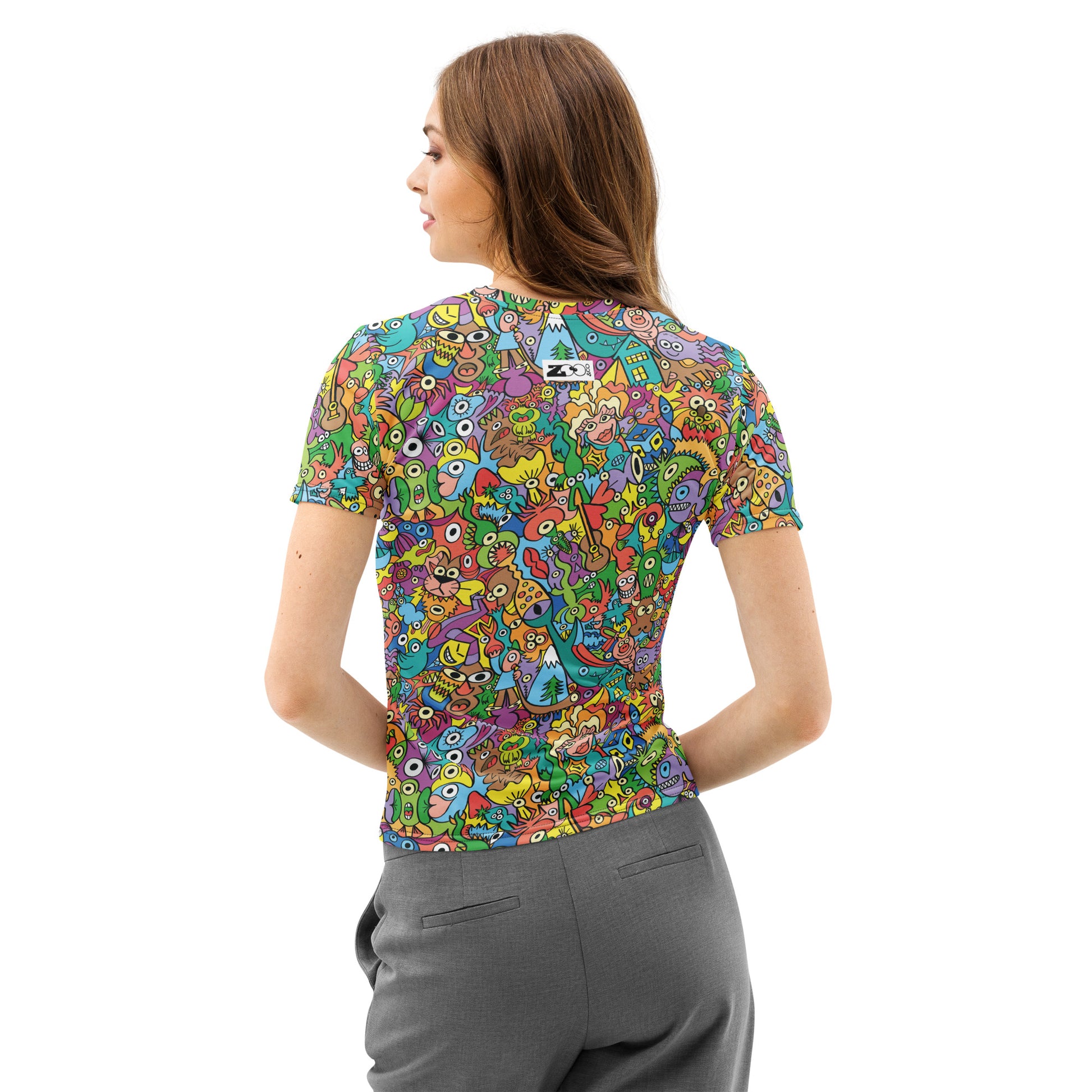 Cheerful crowd enjoying a lively carnival Women's cotton t-shirt — lifestyle back view