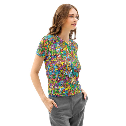 Cheerful crowd enjoying a lively carnival Women's cotton t-shirt — right front view
