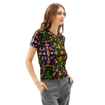 Colombia, the Charm of a Magical Country Women's cotton t-shirt. Nice woman wearing all-over print Tee