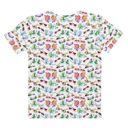 Cool insects madly in love women's cotton t-shirt, all-over print of hand-drawn insect couples with hearts, back view
