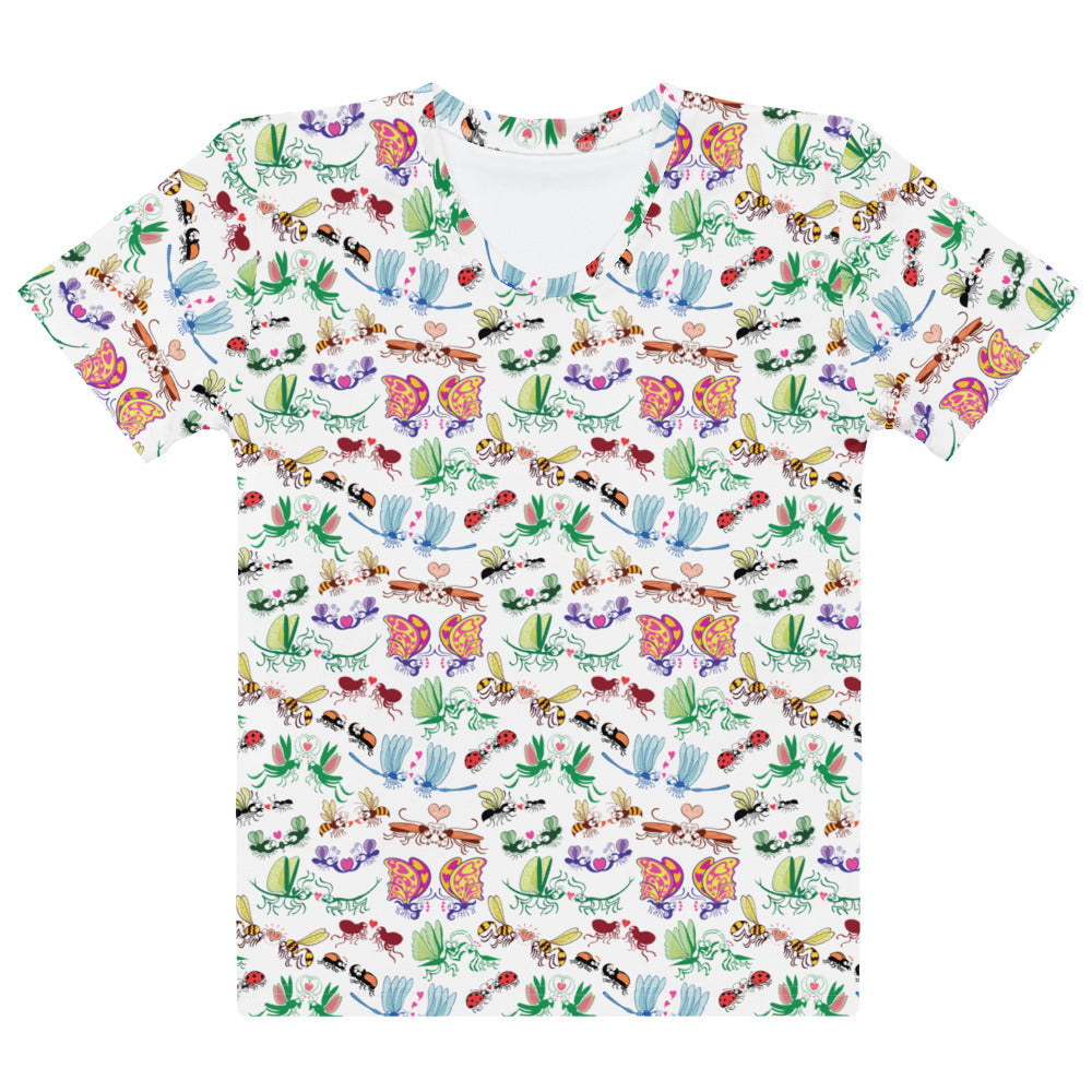 Cool insects madly in love women's cotton t-shirt, all-over print of hand-drawn insect couples with hearts, front view