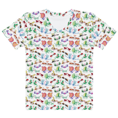 Cool insects madly in love women's cotton t-shirt, all-over print of hand-drawn insect couples with hearts, front view