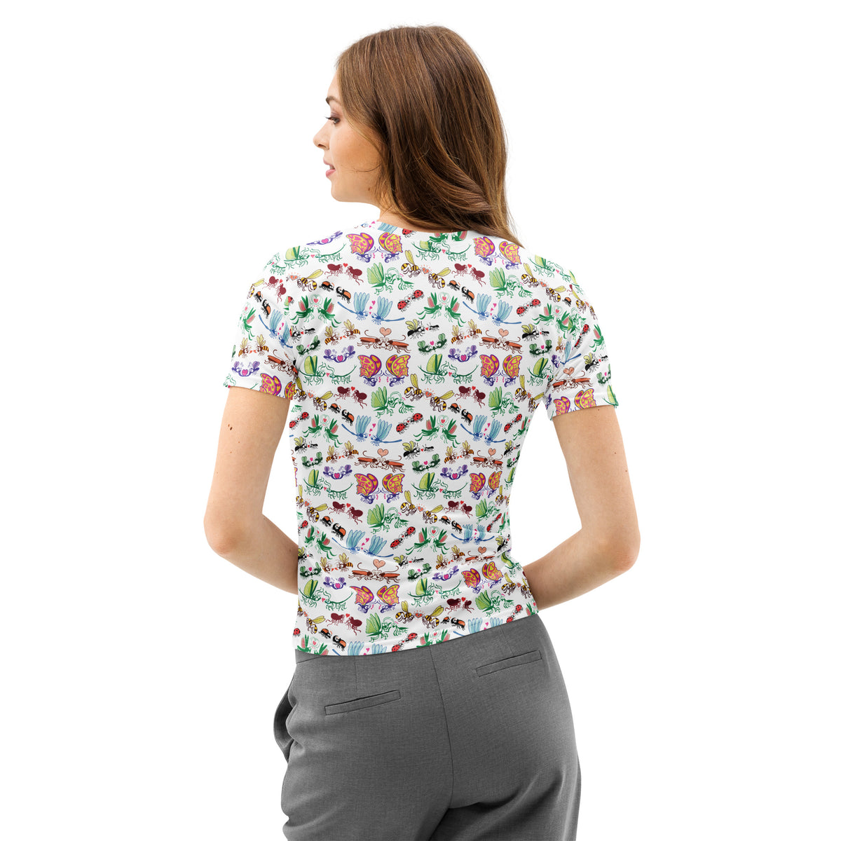 Cool insects madly in love women's cotton t-shirt, all-over print of hand-drawn insect couples with hearts, lifestyle back view