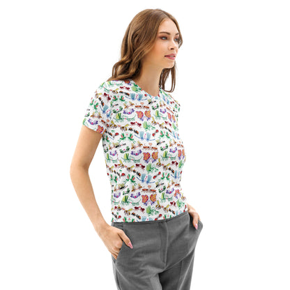 Cool insects madly in love women's cotton t-shirt, all-over print of hand-drawn insect couples with hearts, lifestyle side view