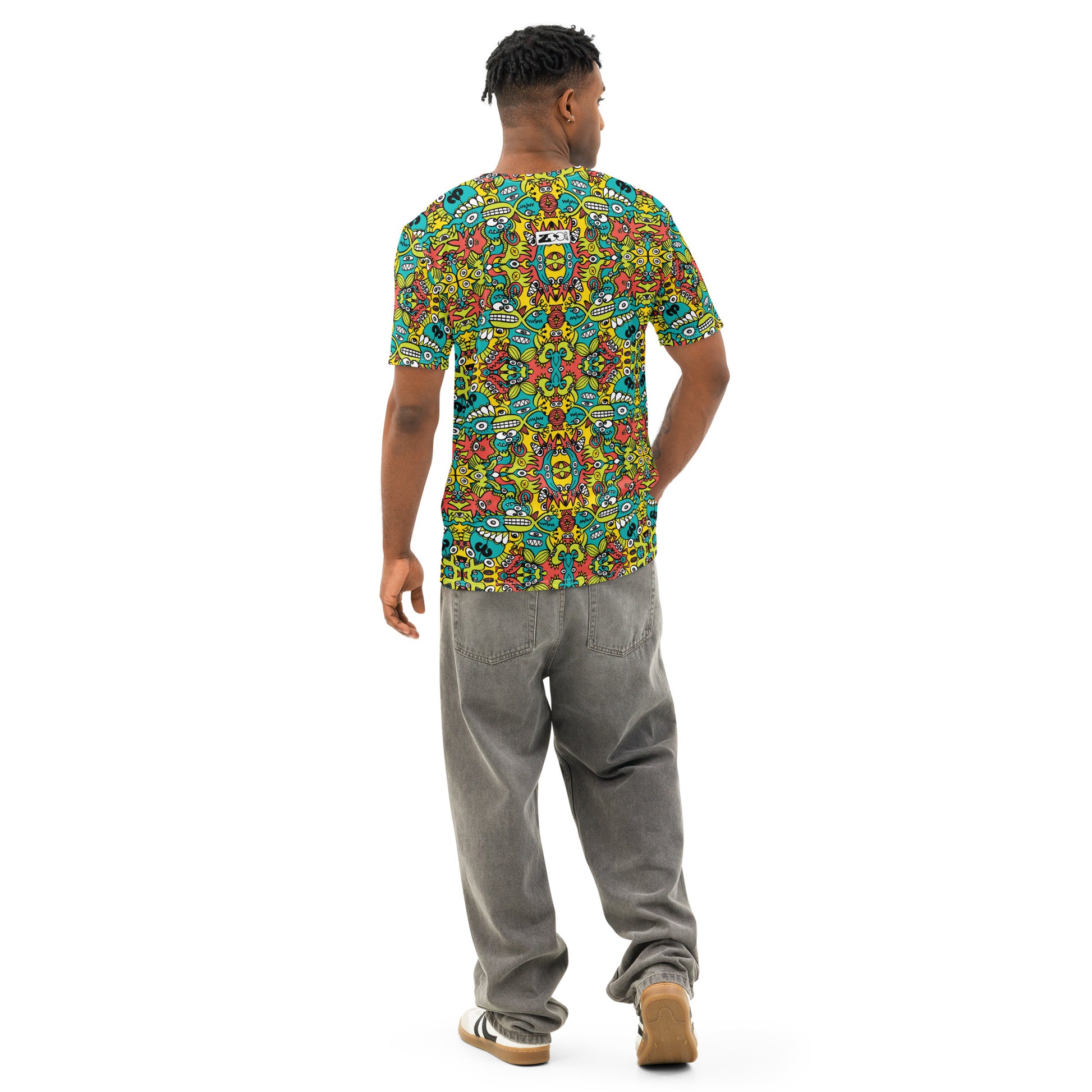 Cosmic Critter Carnival Men's all-over print cotton t-shirt — back detail view
