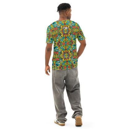 Cosmic Critter Carnival Men's all-over print cotton t-shirt — back detail view
